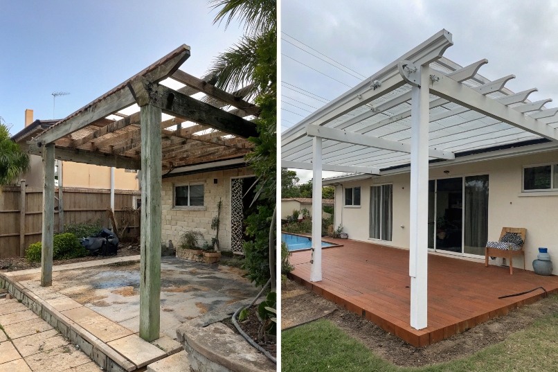 Before and after comparison showing transformation from deteriorated timber pergola to new marine-grade aluminium pergola at Broadbeach property