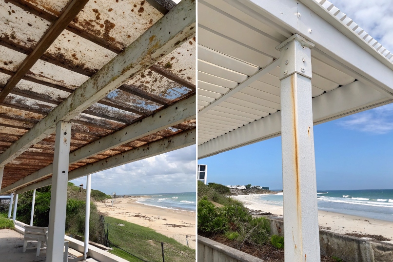 Side-by-side comparison showing corrosion damage on standard materials versus pristine condition of marine-grade materials after three years of coastal exposure