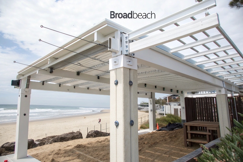 Technical diagram highlighting essential structural elements of wind-rated coastal pergolas including reinforced footings, corner bracing, and specialised fastening systems for Broadbeach conditions