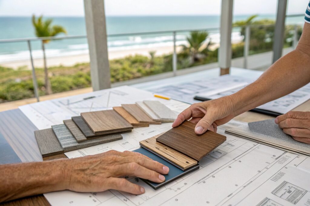 Close-up of hands selecting between marine-grade aluminium, treated timber, and composite material samples for a pergola, with design plans and Gold Coast beach property visible in background