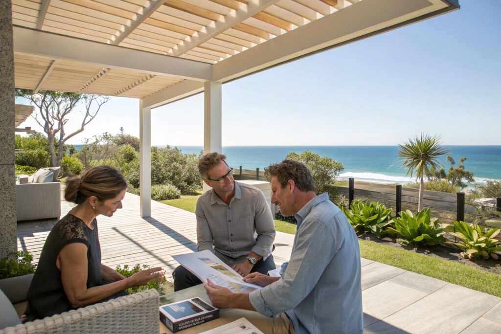 Professional pergola designer consulting with Gold Coast homeowners, reviewing custom design plans and material samples on their patio