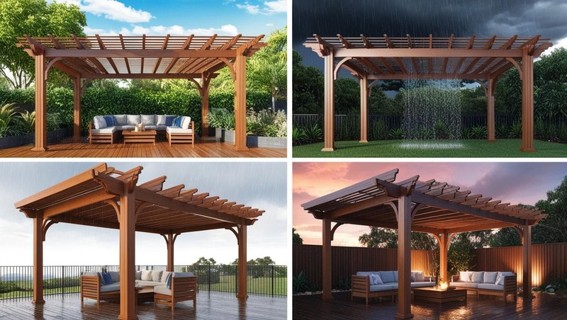 Elegant outdoor furniture marks the planned installation area, bathed in golden afternoon sunlight—premium pergola construction in Robina