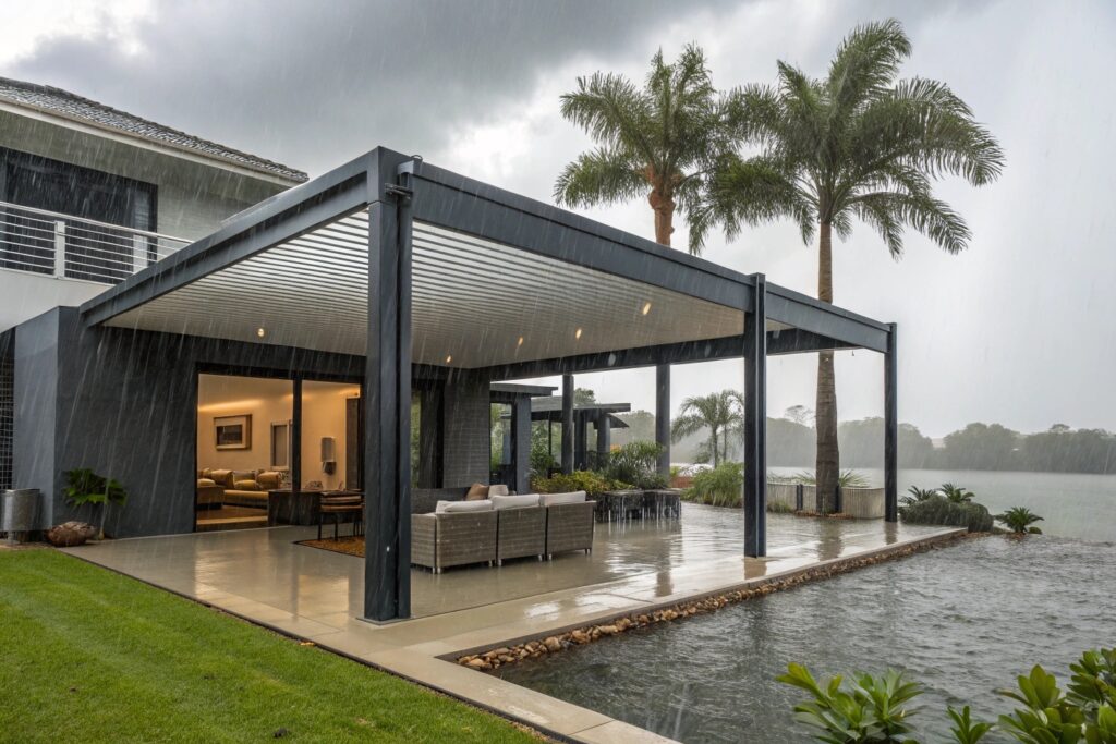 Louvred pergola in Burleigh Waters protecting outdoor furniture during heavy rainfall, demonstrating weather-resistant features with integrated guttering system channelling water away from the living space