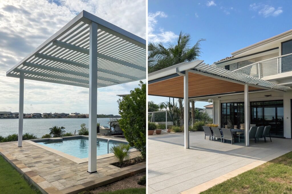 Three-panel comparison showing the same Burleigh Waters pergola with louvres in different positions: fully open for maximum sunlight, partially angled for filtered light, and completely closed for rain protection