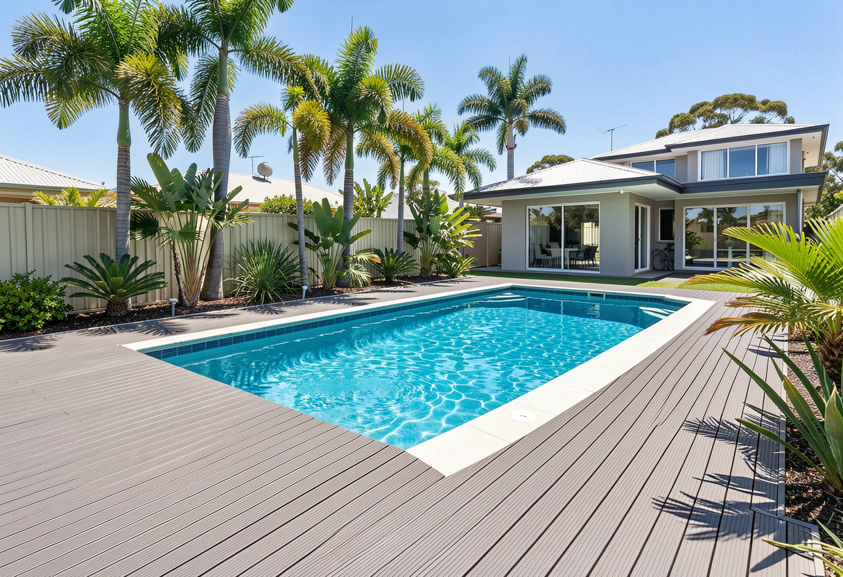 Composite decking Installation surrounding a modern backyard swimming pool,