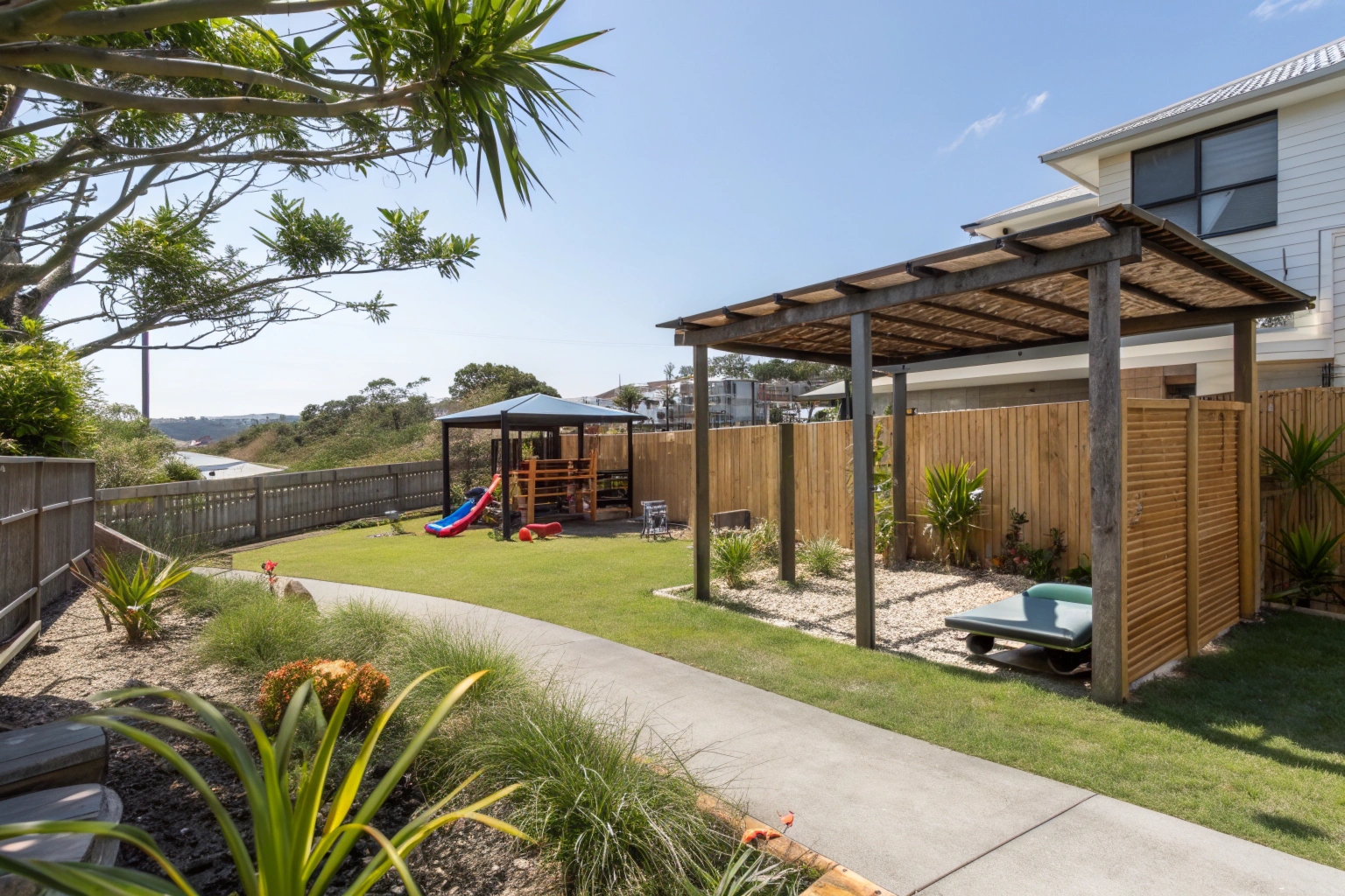 Bamboo pergola privacy screens providing safe family outdoor area on Gold Coast