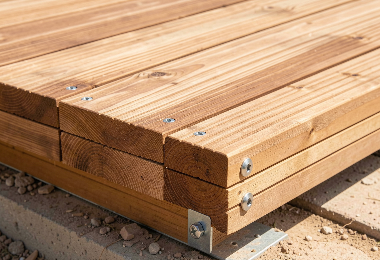 Construction detail of timber decking installation