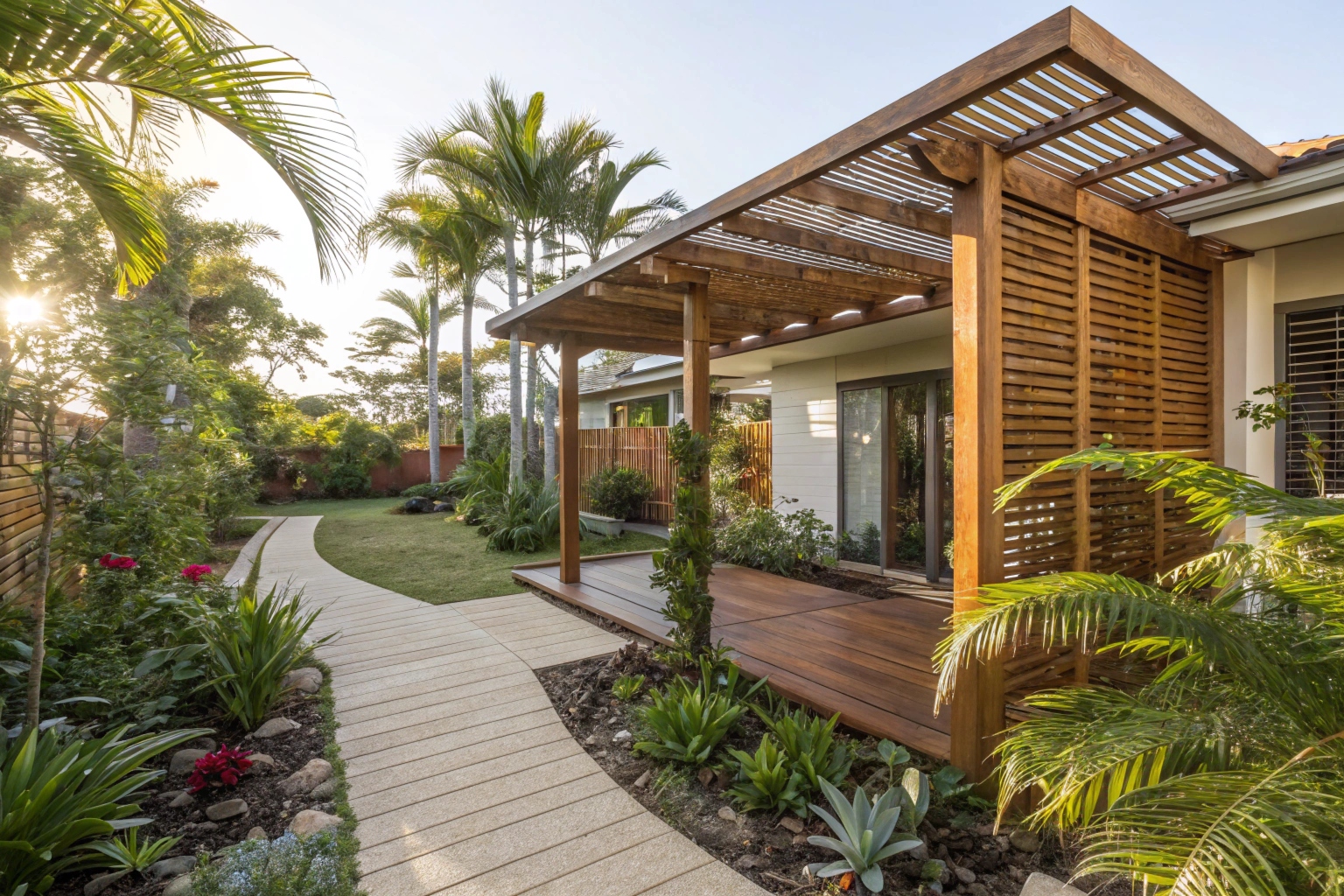 Timber pergola privacy screens installed on Gold Coast outdoor entertaining area