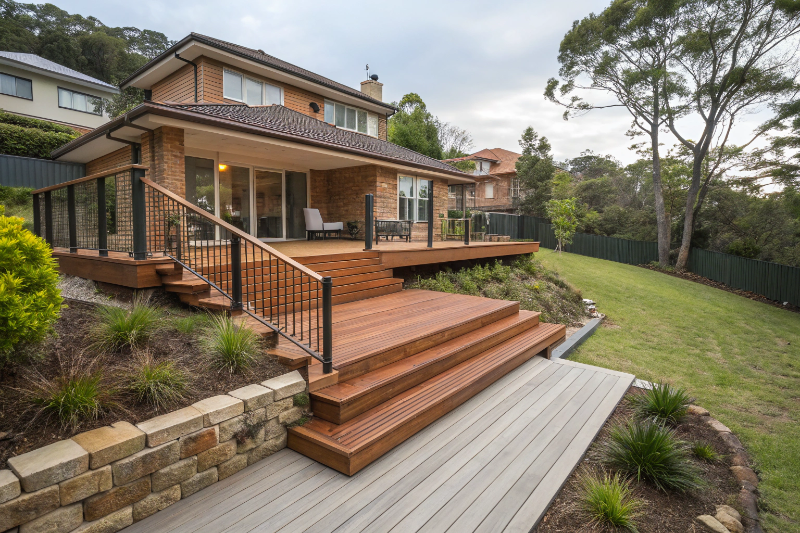 Close-up comparison of hardwood and composite deck board materials for residential decking