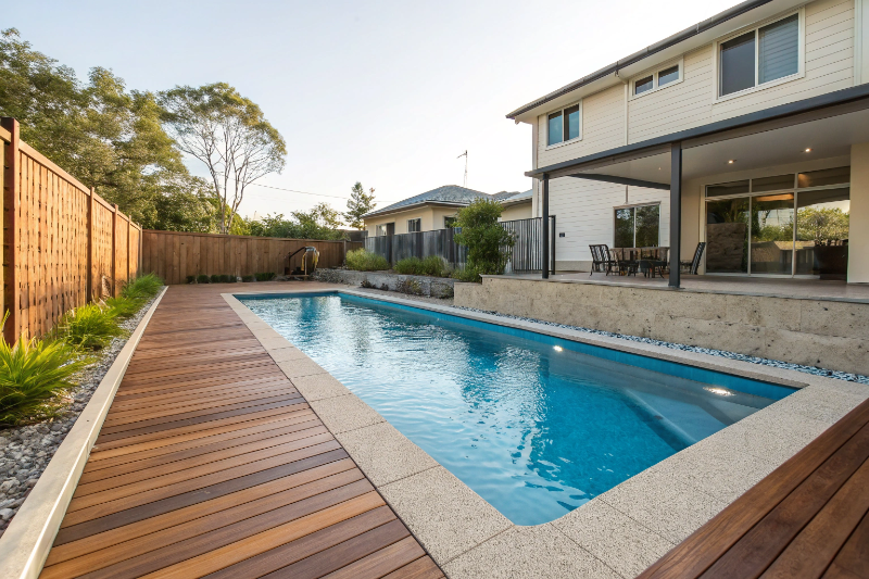 Timber and concrete pool decking combination Gold Coast showing material options