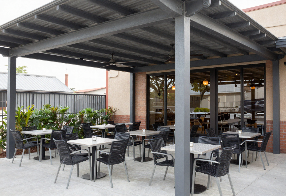 commercial steel frame pergola covering an outdoor café dining area