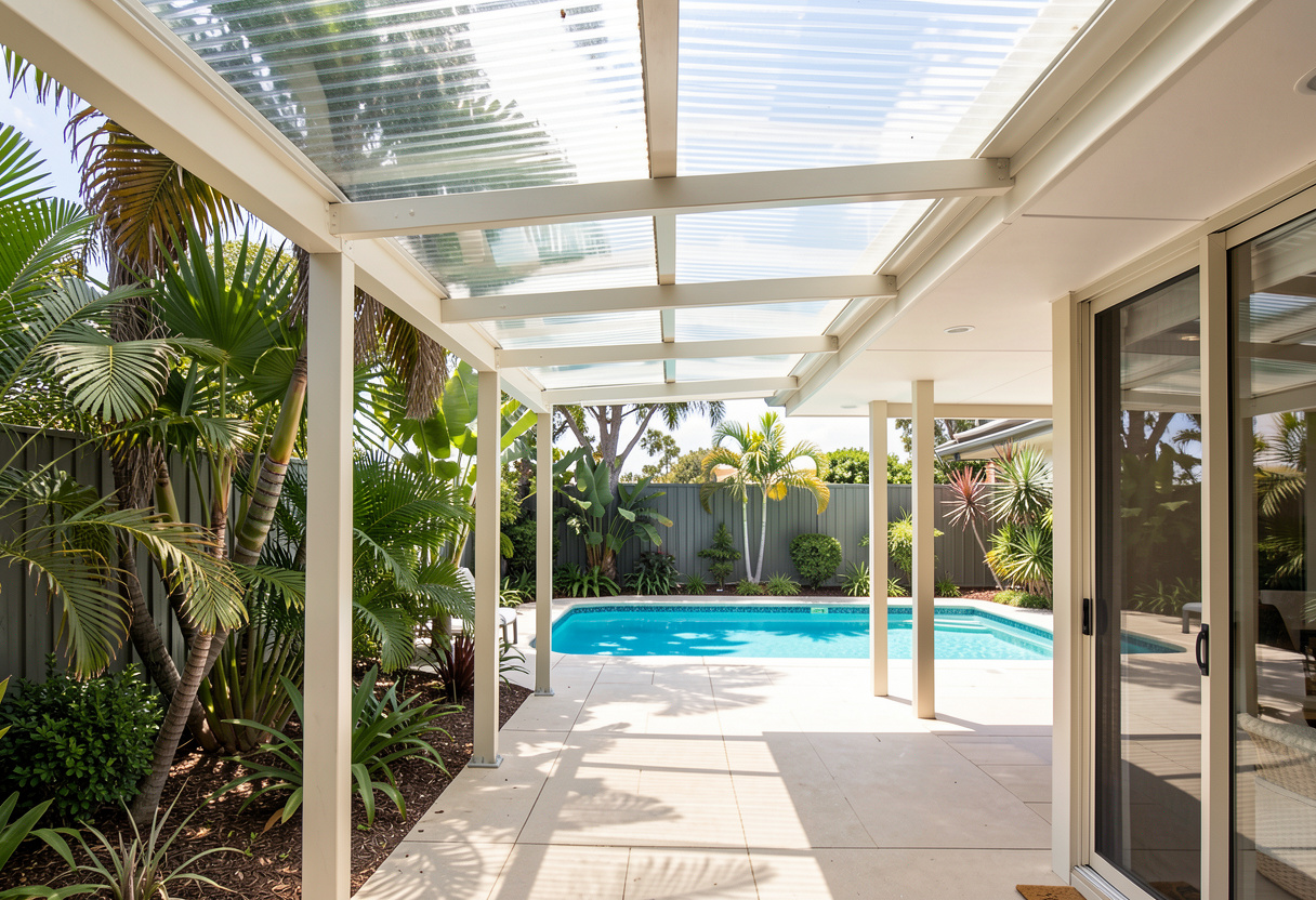covered walkway leading to a backyard pool area covered walkway leading to a backyard pool area