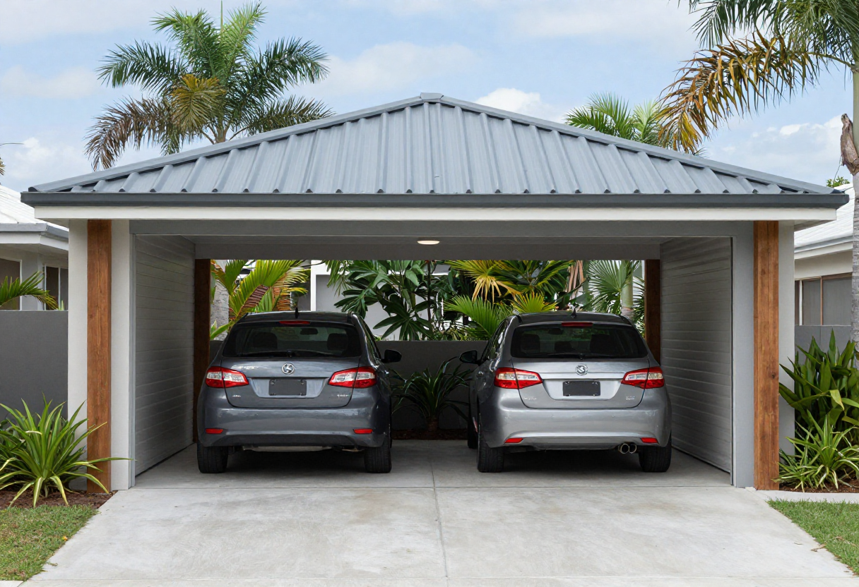 Modern double carport protecting two vehicles side-by-side in a Gold Coast residential driveway,