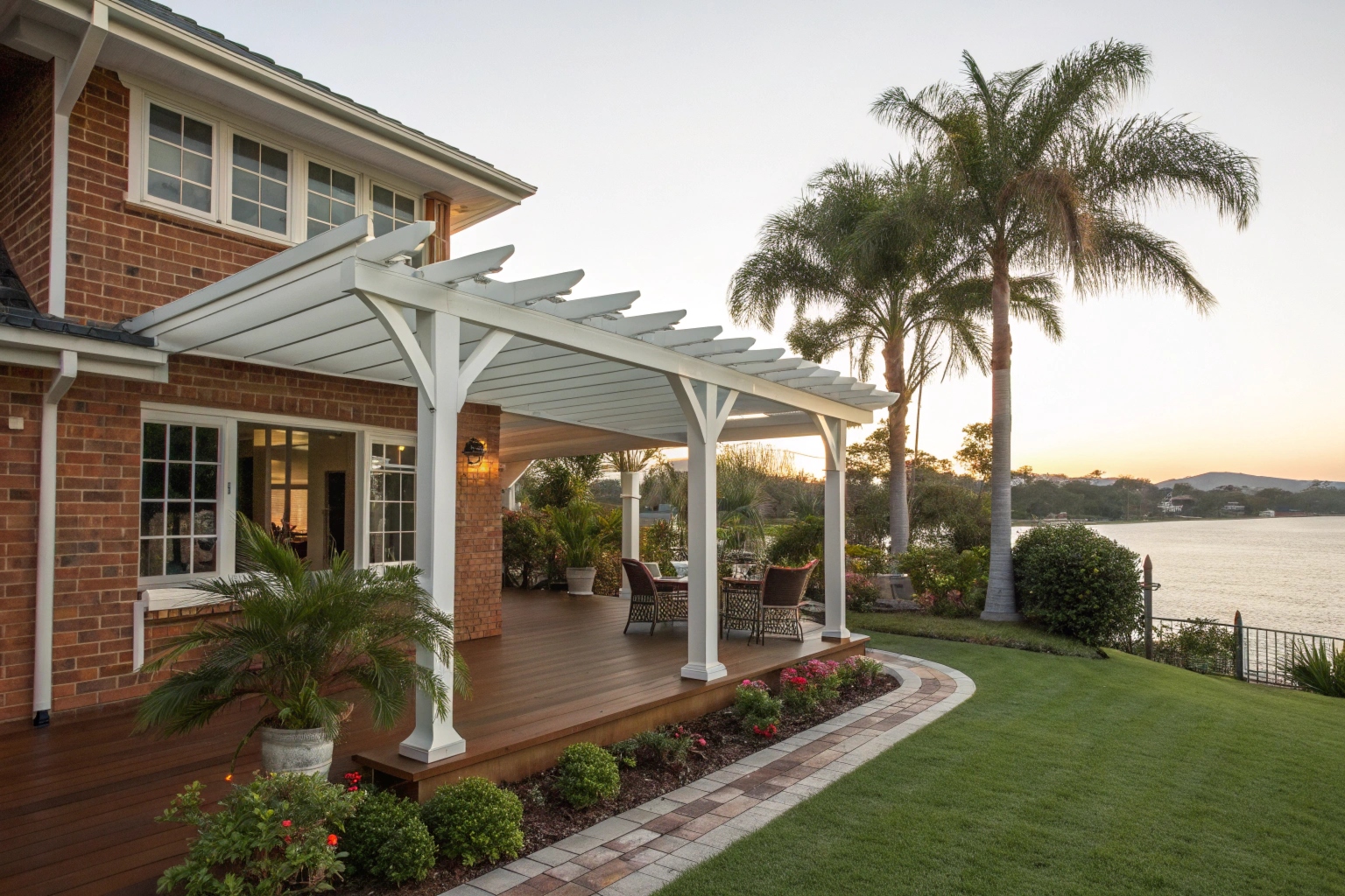 Timber gable pergola on Hamptons-style waterfront home Gold Coast
