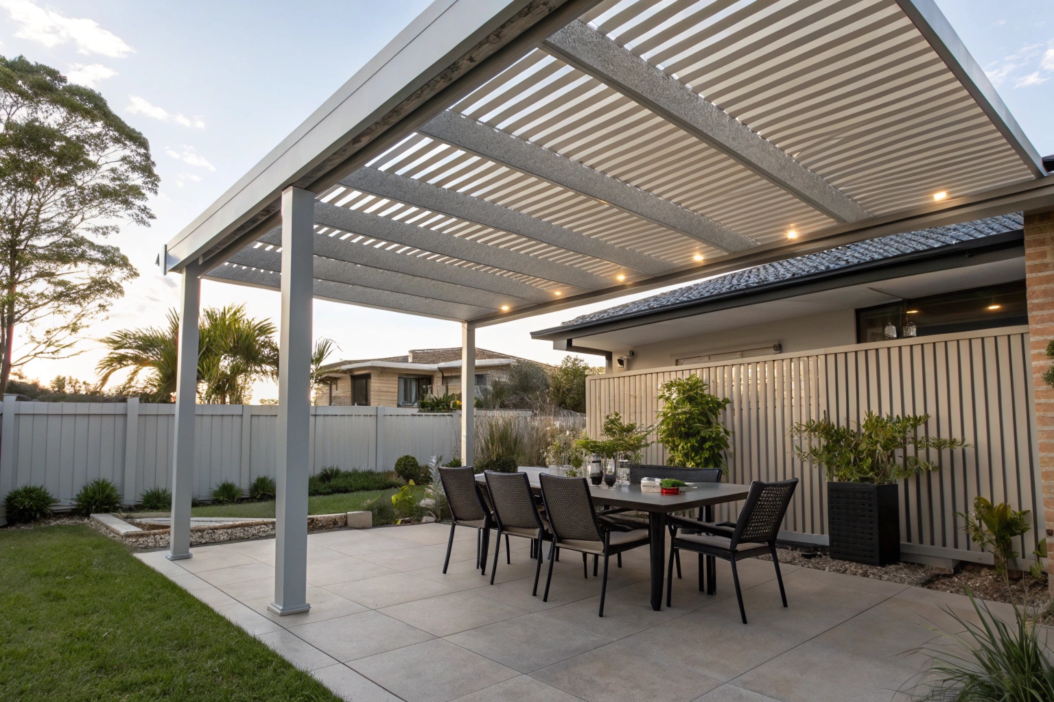 Louvred pergola system over outdoor dining area in Upper Coomera