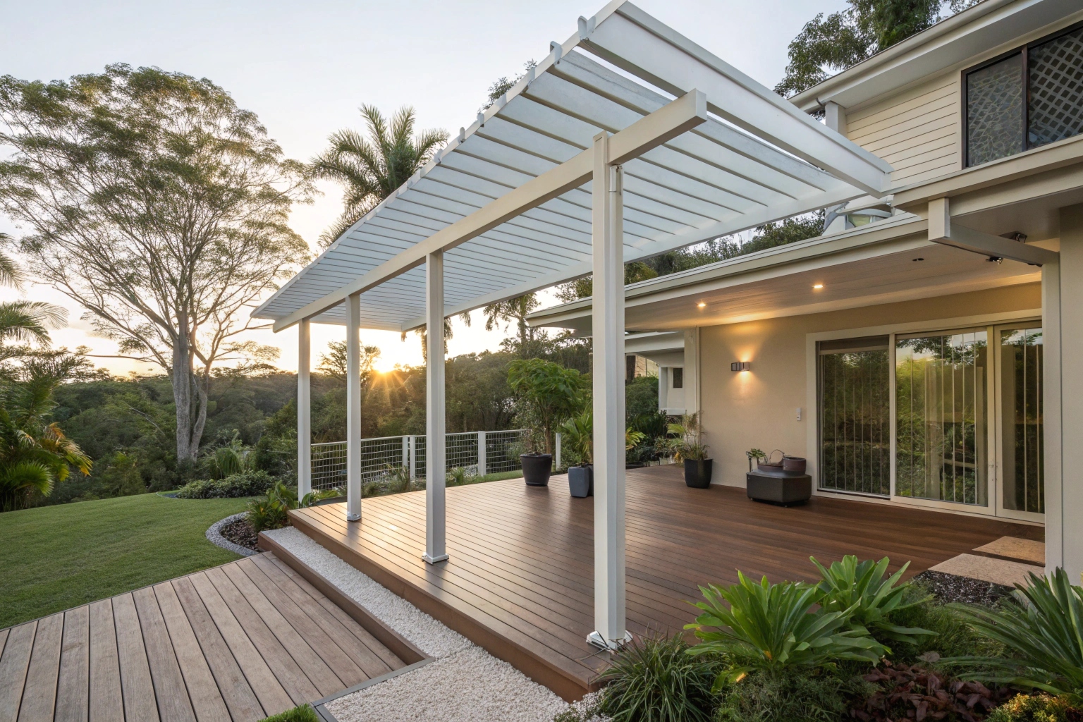 Attached aluminium pergola installed on Upper Coomera estate home