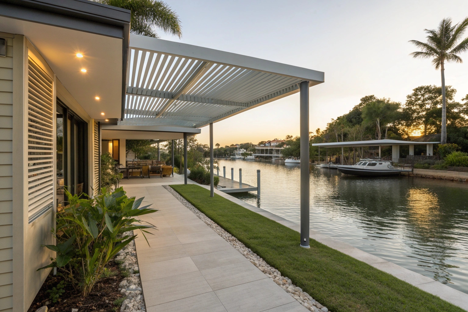 Louvred pergola on canal-front home in Runaway Bay Gold Coast