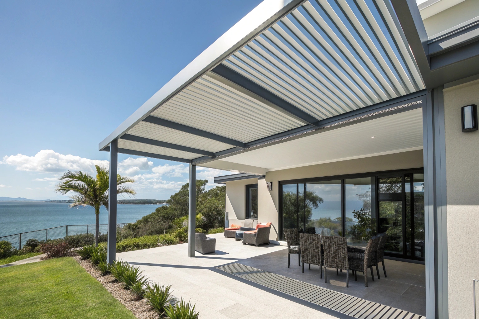 Attached flat-roof aluminium pergola with water views in Runaway Bay